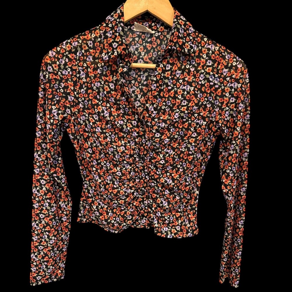 Ember Floral Mesh Ruched Button Down Top Long Sleeve Sz S Whimsigoth Y2K Retro‎